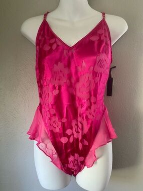 Victoria's Secret Hot Pink Floral Satin Chemise Bodysuit
